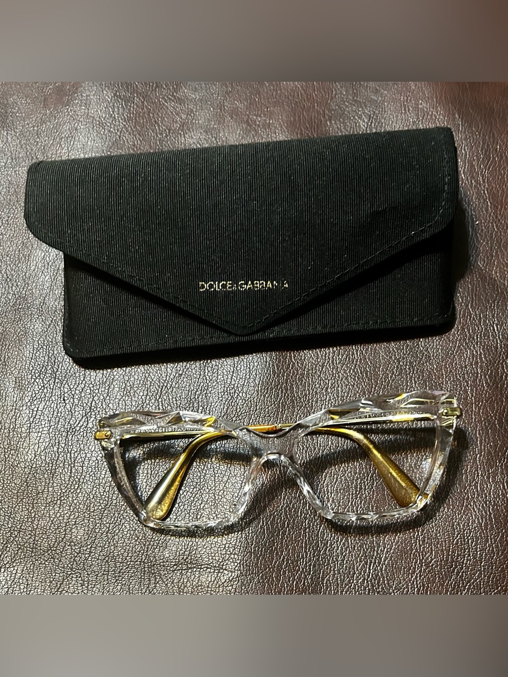 Dolce & Gabbana Women's Eyeglass Frames Clear Faceted Cat Eye Gold Tone w/ Case
